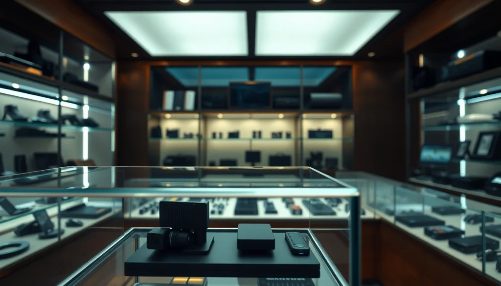 Boutique d'espionnage showcasing professional surveillance gadgets in an elegant setting.