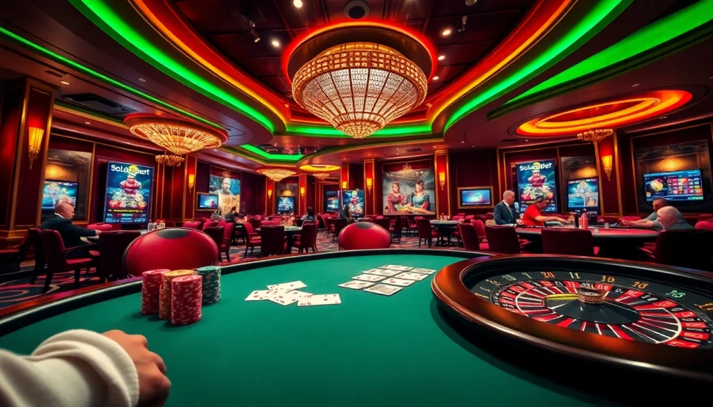 Experience thrilling gameplay with Solarbet at a luxurious casino featuring poker tables and roulette games.