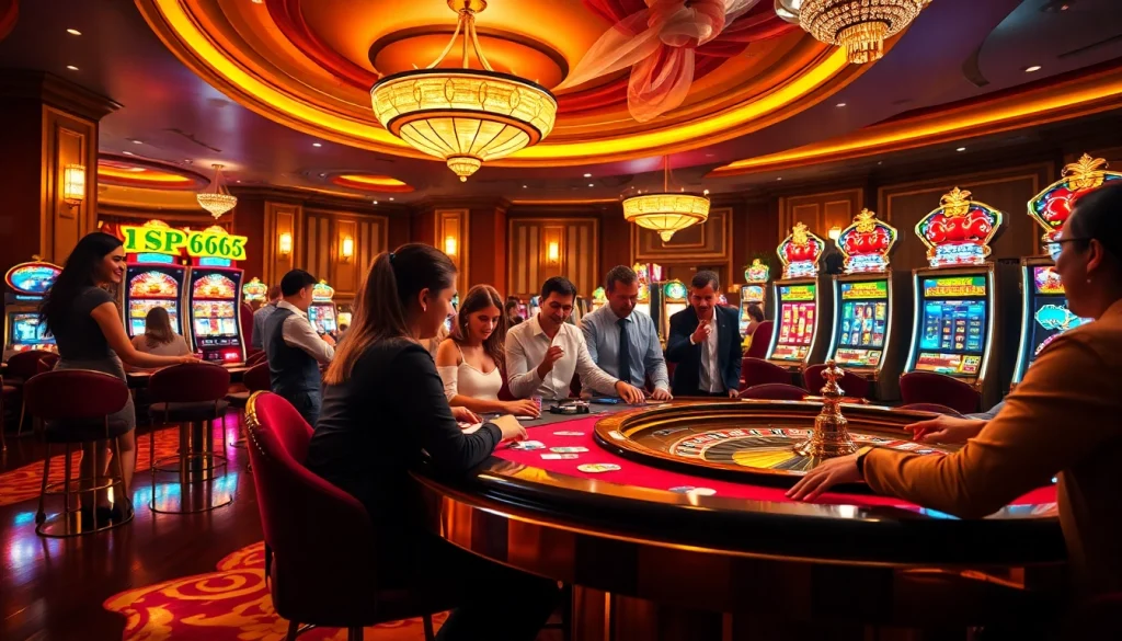 Experience the thrill of SP666 at a bustling casino with players enjoying poker, roulette, and slots.