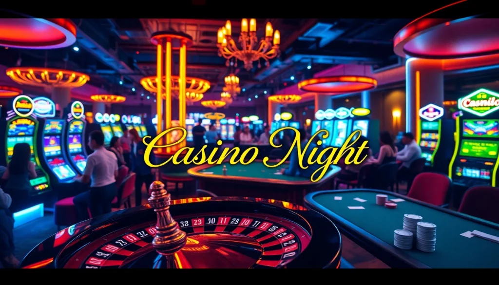 Experience thrilling moments at e28 Casino Night, featuring roulette tables, poker chips, and vibrant slot machines.