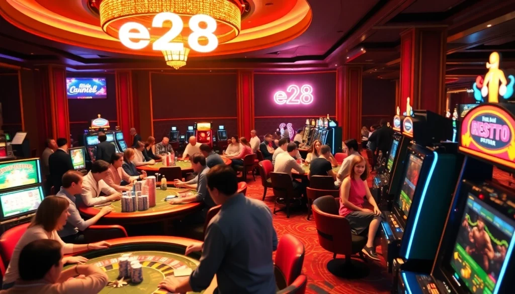 Capture a thrilling casino moment with players enjoying high-stakes games at e28 tables featuring vibrant poker chips.
