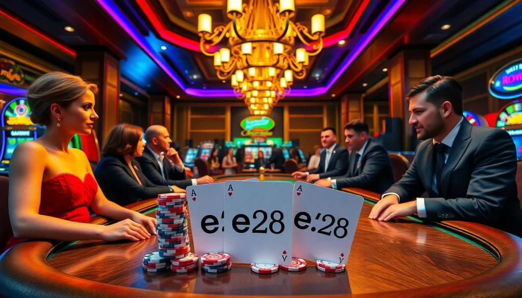 Experience the thrill of gambling with e28 at a vibrant casino, showcasing poker excitement and glowing slot machines.