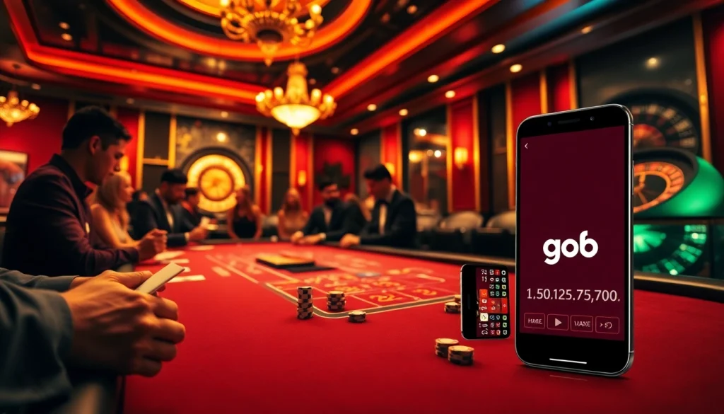 Gamblers at a blackjack table in a glamorous casino setting featuring the go8 logo on a smartphone for online betting.